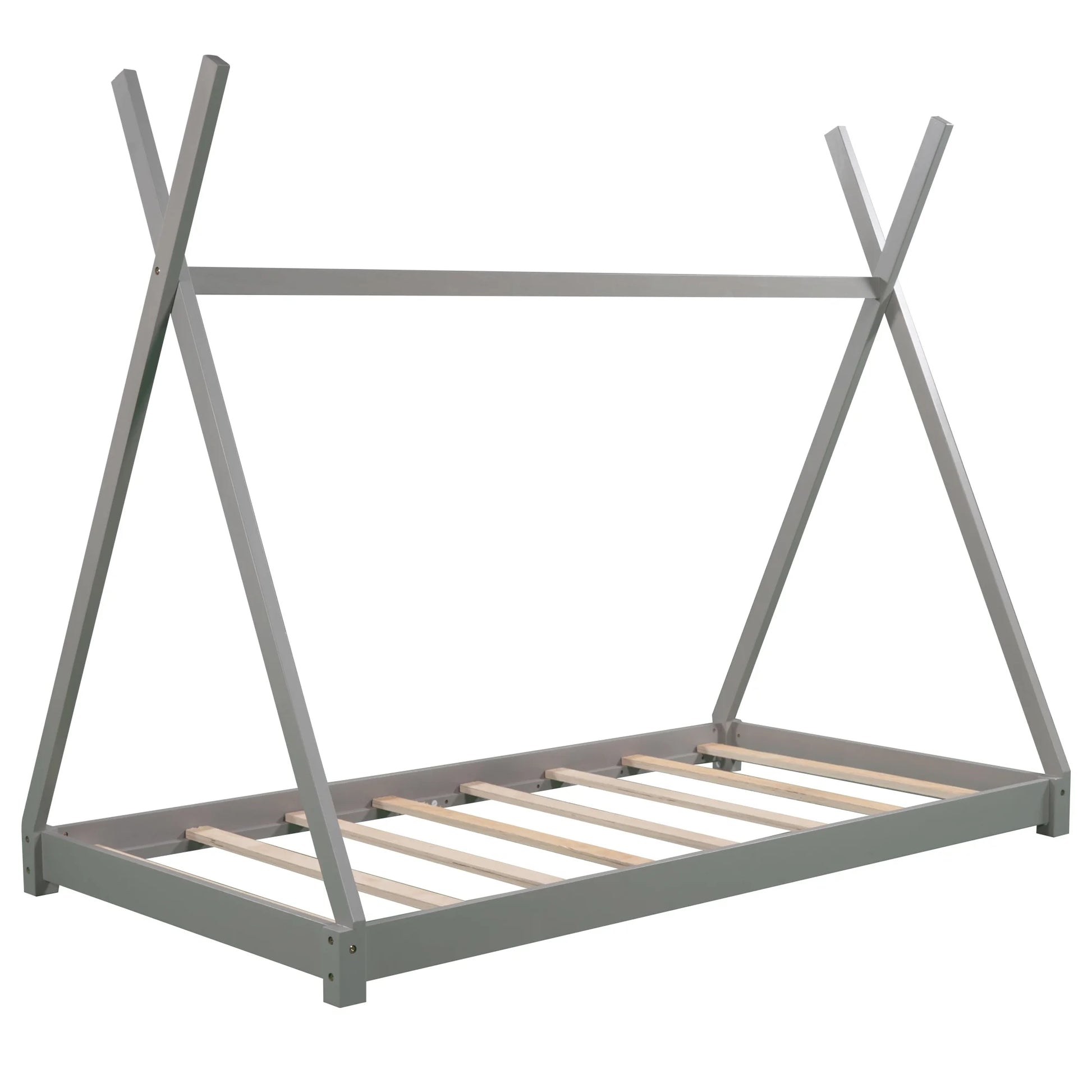 Wood Twin Size Platform Bed for Kids Teens, Canopy Tent Bed for Living Room, Gray