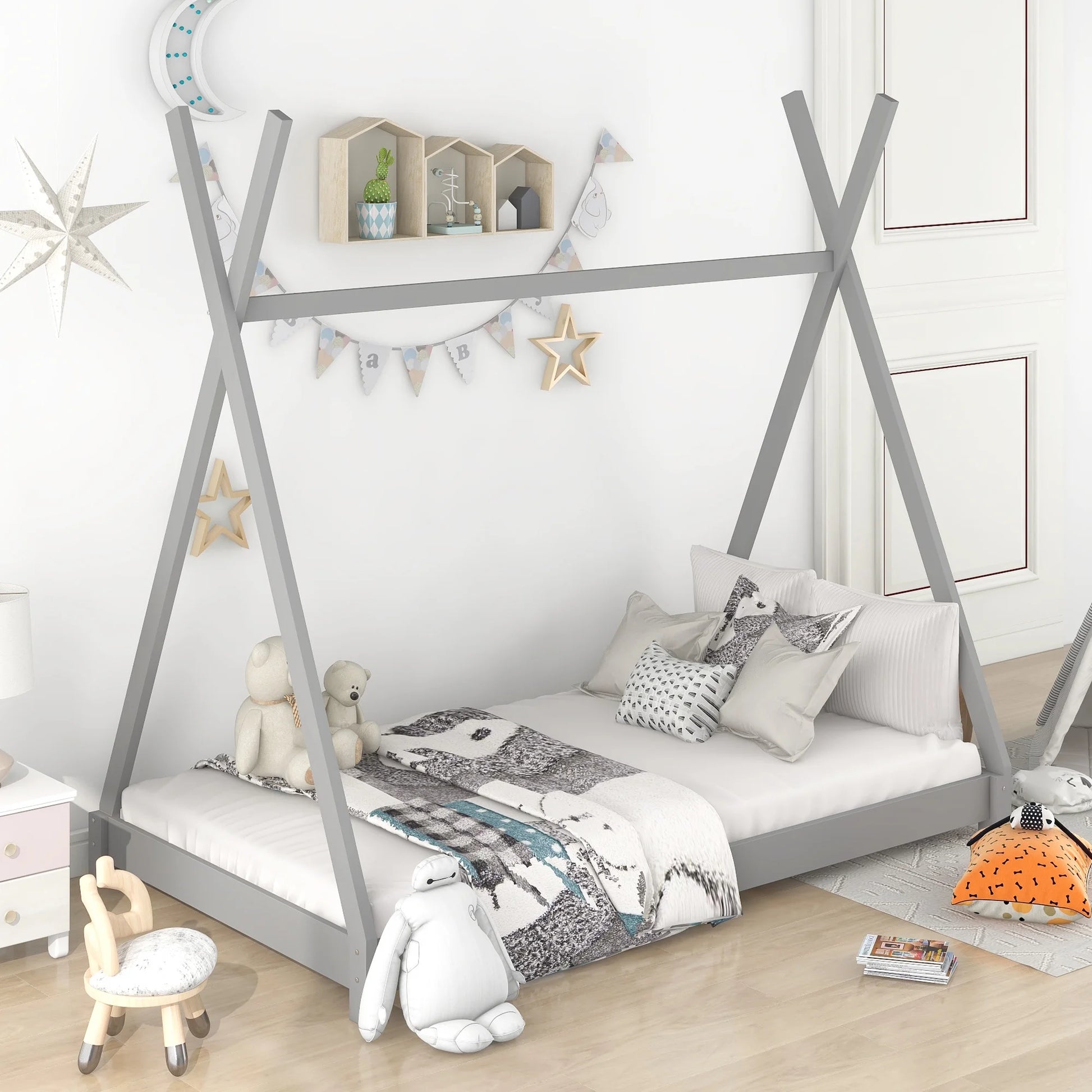 Wood Twin Size Platform Bed for Kids Teens, Canopy Tent Bed for Living Room, Gray