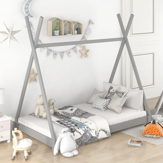 Wood Twin Size Platform Bed for Kids Teens, Canopy Tent Bed for Living Room, Gray