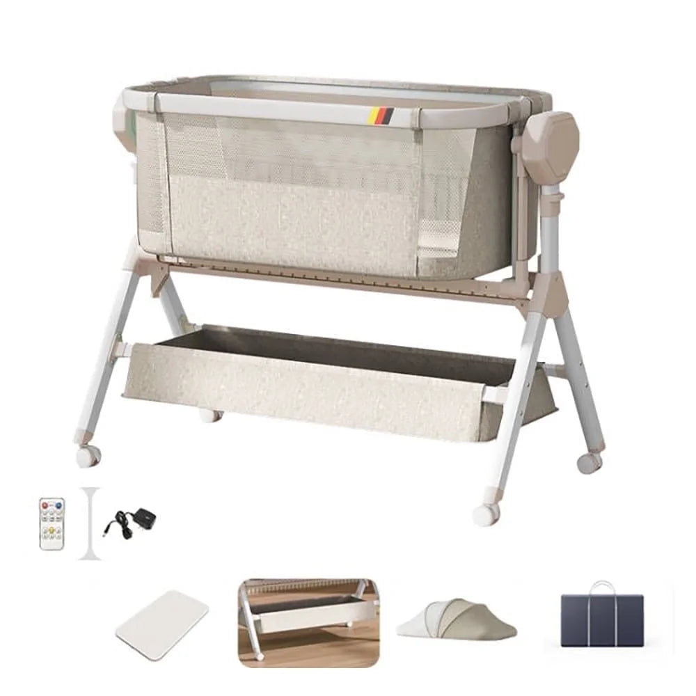 Bassinet,Electric Rocking Bassinet,Bedside Co-Sleeper,Unisex Baby Travel Bed with Wheels(Khaki)