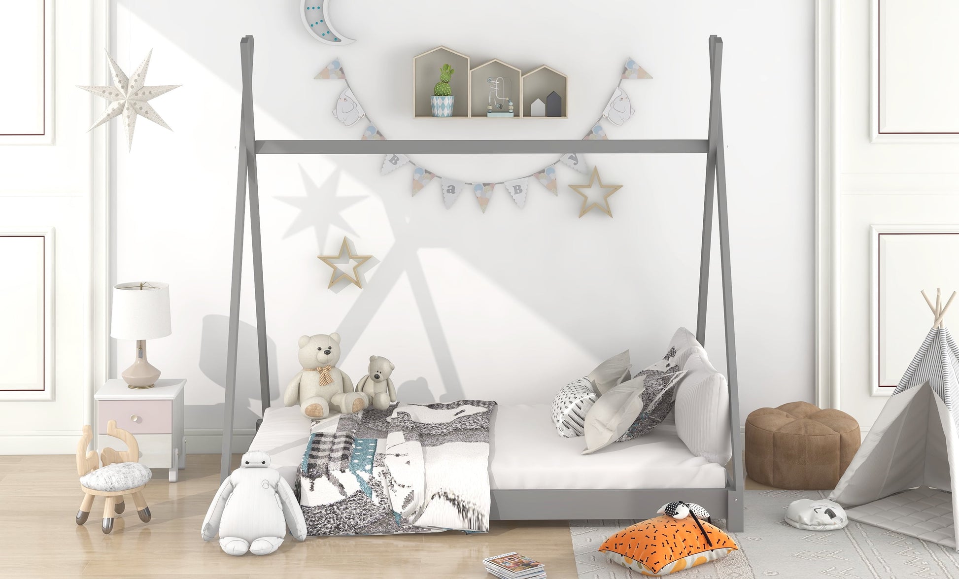 Wood Twin Size Platform Bed for Kids Teens, Canopy Tent Bed for Living Room, Gray
