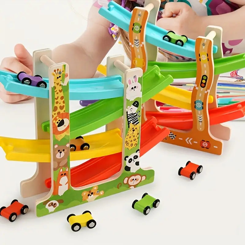 Wooden Car Ramp Racer β 4-Layer Track with Animal & Traffic Theme, Educational Toy for Kids