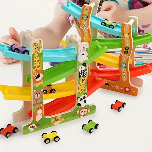 Wooden Car Ramp Racer β 4-Layer Track with Animal & Traffic Theme, Educational Toy for Kids