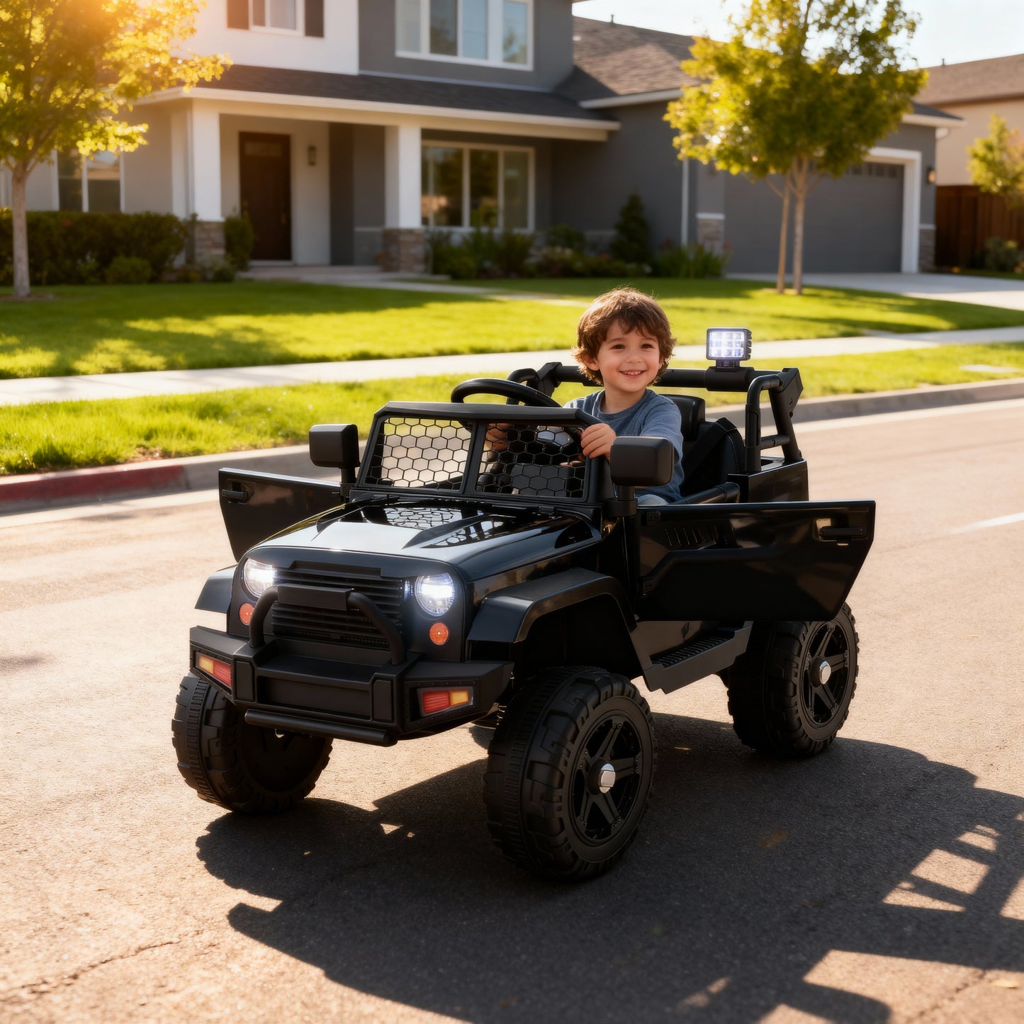 Kids Ride on Truck, 12V Electric Vehicle Jeep Car with Remote Control, Toddlers Battery Powered Toy with 2 Speeds, Spring Suspension, Double Open Doors, LED Lights, Music, USB, Mp3 (Black)