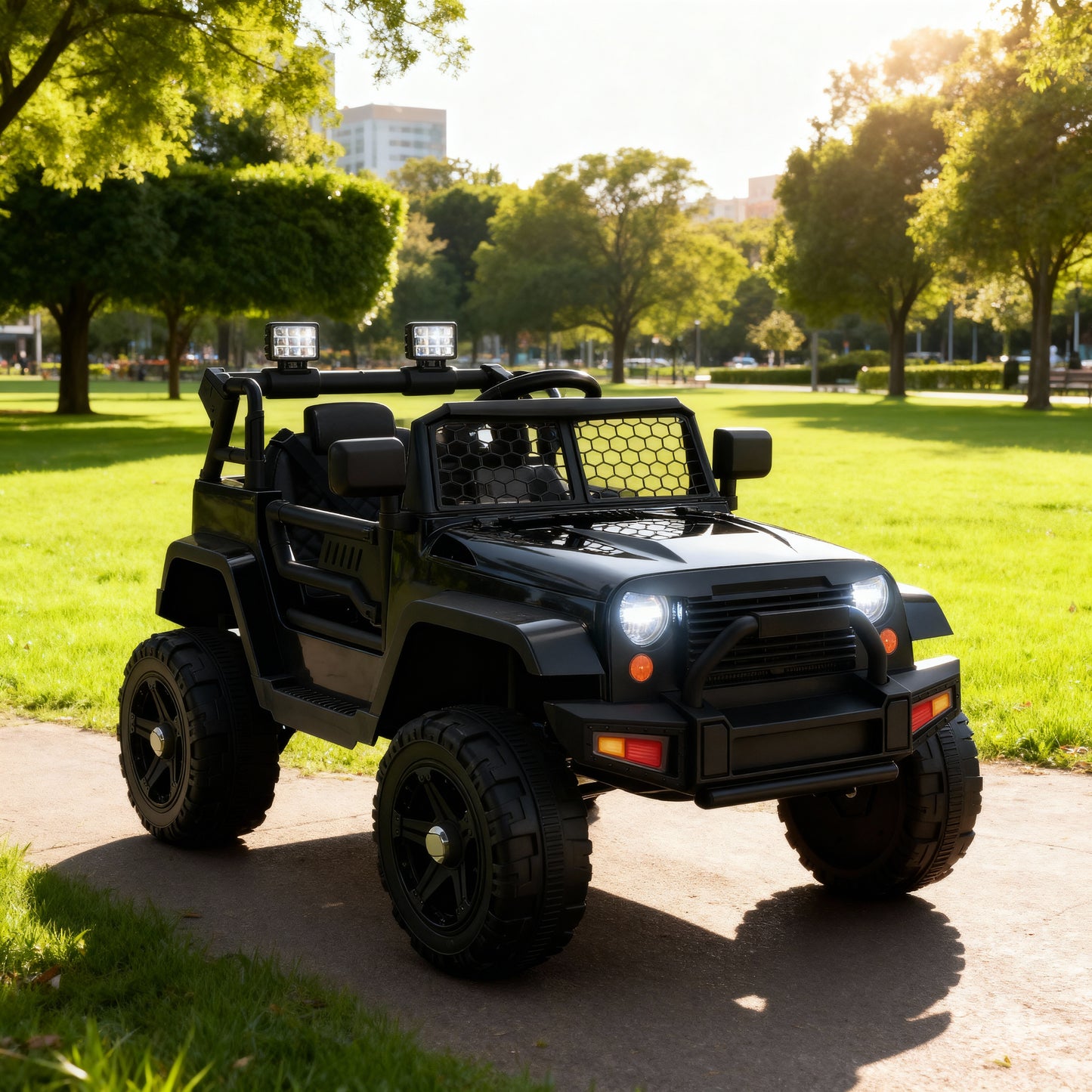Kids Ride on Truck, 12V Electric Vehicle Jeep Car with Remote Control, Toddlers Battery Powered Toy with 2 Speeds, Spring Suspension, Double Open Doors, LED Lights, Music, USB, Mp3 (Black)