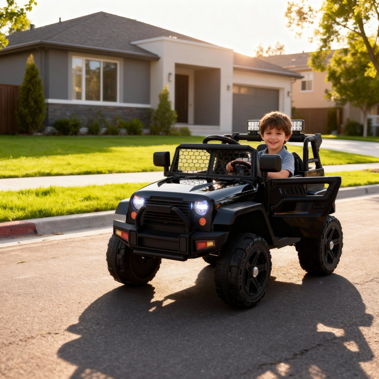 Kids Ride on Truck, 12V Electric Vehicle Jeep Car with Remote Control, Toddlers Battery Powered Toy with 2 Speeds, Spring Suspension, Double Open Doors, LED Lights, Music, USB, Mp3 (Black)