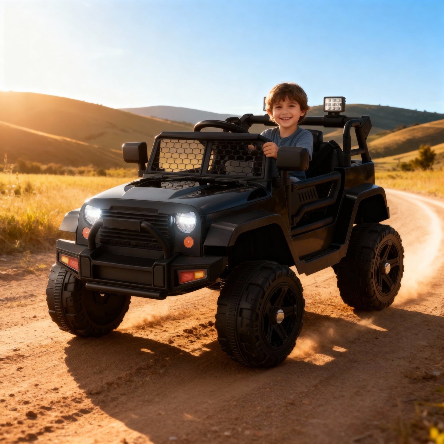 Kids Ride on Truck, 12V Electric Vehicle Jeep Car with Remote Control, Toddlers Battery Powered Toy with 2 Speeds, Spring Suspension, Double Open Doors, LED Lights, Music, USB, Mp3 (Black)