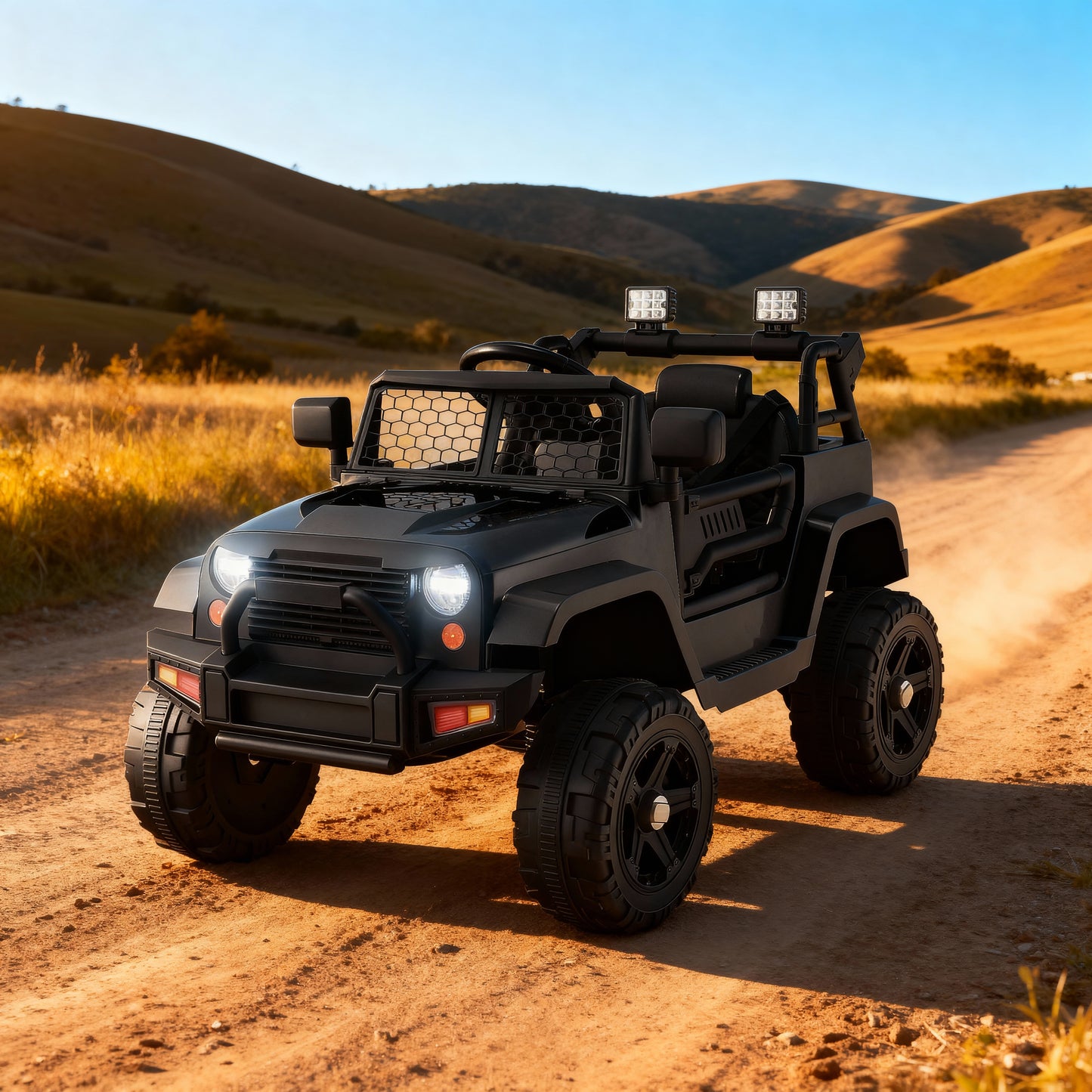 Kids Ride on Truck, 12V Electric Vehicle Jeep Car with Remote Control, Toddlers Battery Powered Toy with 2 Speeds, Spring Suspension, Double Open Doors, LED Lights, Music, USB, Mp3 (Black)