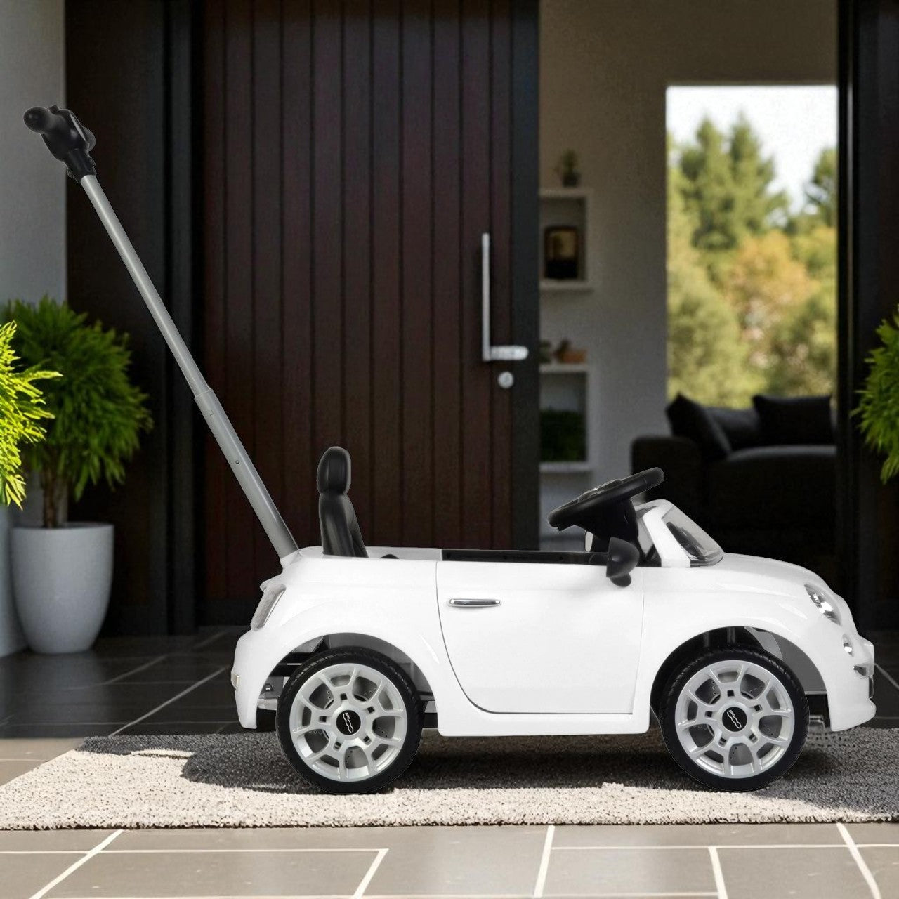 2-in-1 Fiat 500 Push Car Stroller for Toddlers β Ride-On Baby Car with Handle, Music & Opening Doors, White
