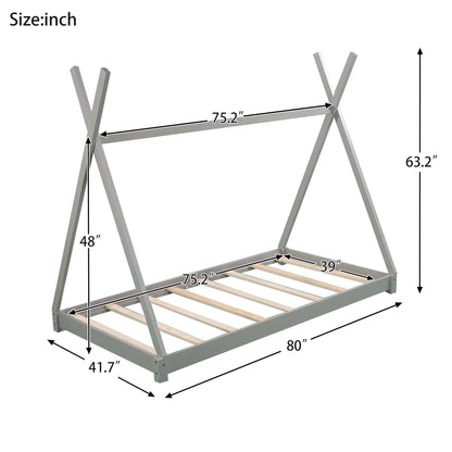 Wood Twin Size Platform Bed for Kids Teens, Canopy Tent Bed for Living Room, Gray