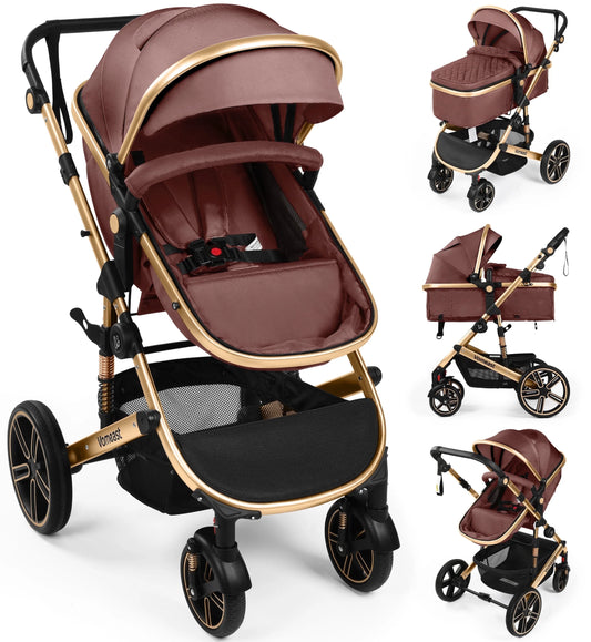 Baby Stroller, Foldable Aluminum Alloy Stroller with Reversible, Travel Stroller for Newborn Infant, Brown