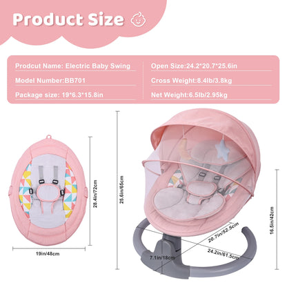 Baby Swing, Baby Swing for Infants,Portable Electric Baby Rocker with 5 Sway Speed,10 Preset Songs,Remote Control,Bluetooth Music,Pink