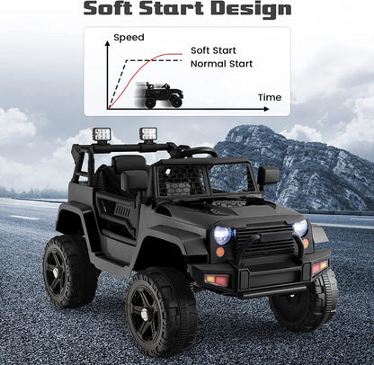 Kids Ride on Truck, 12V Electric Vehicle Jeep Car with Remote Control, Toddlers Battery Powered Toy with 2 Speeds, Spring Suspension, Double Open Doors, LED Lights, Music, USB, Mp3 (Black)