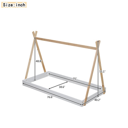 Twin Size Tent Floor Bed Frame with Triangle Structure, Teepee Platform Bed for Kids, Montessori Floor Bed for Toddlers Girls Boys, No Box Spring Needed(Twin,White+Natural)