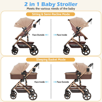 2 in 1 Baby Stroller,Foldable Lightweight Carriage Reversible Bassinet Pram for Toddler,Travel Stroller with with Cup Holder、Storage Bag,Brown