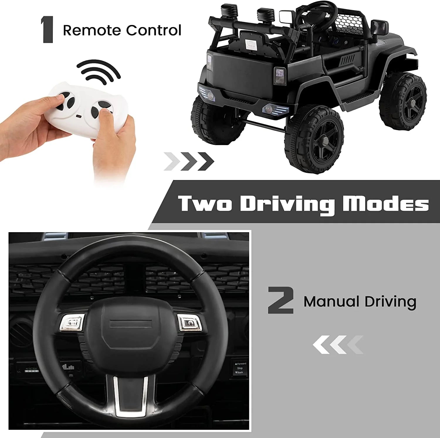 Kids Ride on Truck, 12V Electric Vehicle Jeep Car with Remote Control, Toddlers Battery Powered Toy with 2 Speeds, Spring Suspension, Double Open Doors, LED Lights, Music, USB, Mp3 (Black)