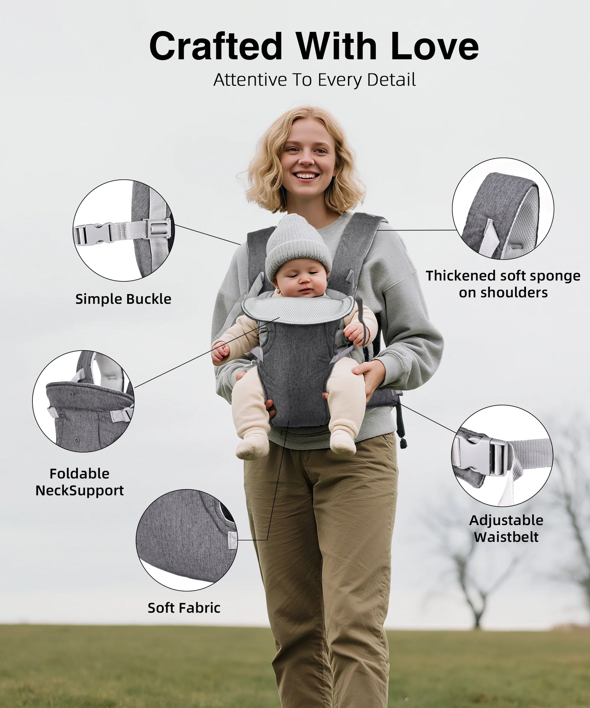 Baby Carrier, Convertible Soft & Cool Baby Carrier, 4-Position, Gray, for Child, Infant, Newborn