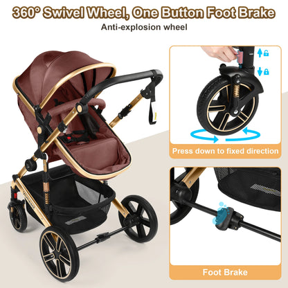 Baby Stroller, Foldable Aluminum Alloy Stroller with Reversible, Travel Stroller for Newborn Infant, Brown