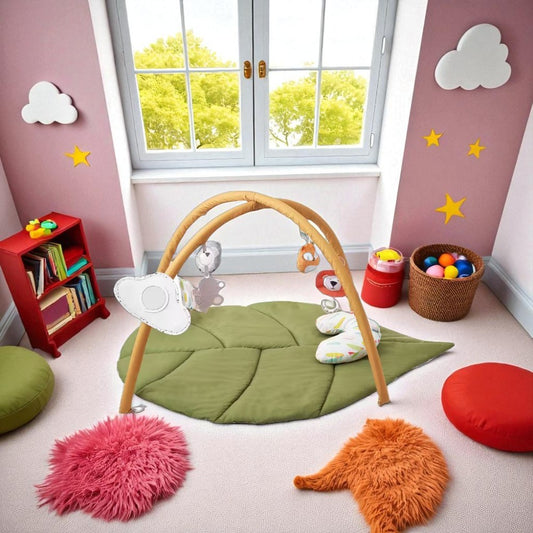 Baby Play Gym Mat 1 X 1 Ft. Indoor Baby Activity Mat with 6 Sensory Toys, Oversize Leaf-Shaped Tummy Time Mat for Infant