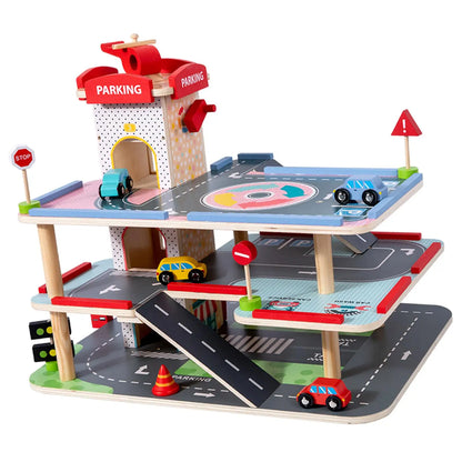 Wooden Car Garage Playset Kids Parking Garage Race Car with Manual Elevator