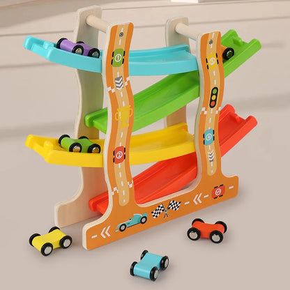 Kids Four-Layer Wooden Gliding Inertia Track Car Toys Animal and Traffic Theme Early Educational Toys Birthday Gifts