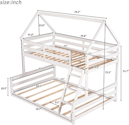 Low Twin over Full House Bunk Beds, Wood Bunk Beds with Roof and Guard Rail, House Bed Built-In Ladder for Kids, Teens, Boys, Girls (White)