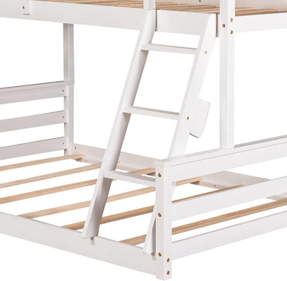 Low Twin over Full House Bunk Beds, Wood Bunk Beds with Roof and Guard Rail, House Bed Built-In Ladder for Kids, Teens, Boys, Girls (White)