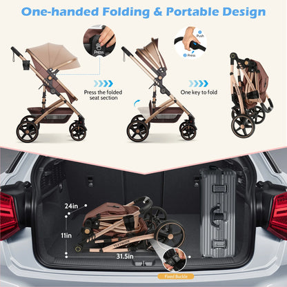 2 in 1 Baby Stroller,Foldable Lightweight Carriage Reversible Bassinet Pram for Toddler,Travel Stroller with with Cup Holder、Storage Bag,Brown