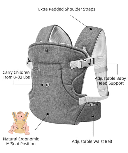 Baby Carrier, Convertible Soft & Cool Baby Carrier, 4-Position, Gray, for Child, Infant, Newborn