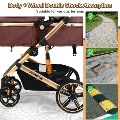 Baby Stroller, Foldable Aluminum Alloy Stroller with Reversible, Travel Stroller for Newborn Infant, Brown