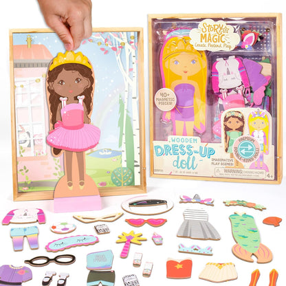 Story Magic Wooden Dress-Up Doll by , Dress up Magnetic Wood Double Sided Doll, over 40 Outfit and Accessory Pieces, Creative Pretend Play, Perfect for Ages 4+