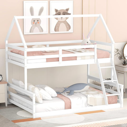 Low Twin over Full House Bunk Beds, Wood Bunk Beds with Roof and Guard Rail, House Bed Built-In Ladder for Kids, Teens, Boys, Girls (White)