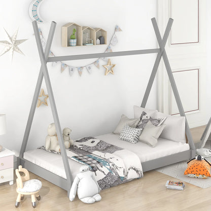 Wood Twin Size Platform Bed for Kids Teens, Canopy Tent Bed for Living Room, Gray