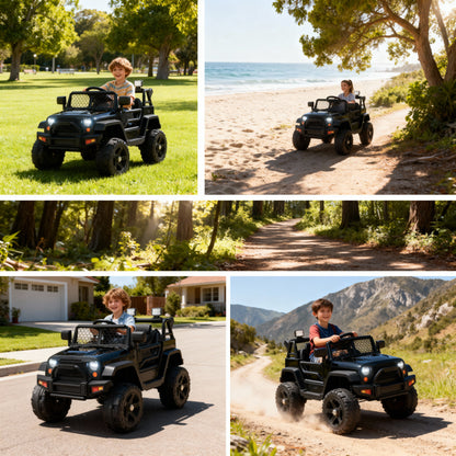 Kids Ride on Truck, 12V Electric Vehicle Jeep Car with Remote Control, Toddlers Battery Powered Toy with 2 Speeds, Spring Suspension, Double Open Doors, LED Lights, Music, USB, Mp3 (Black)