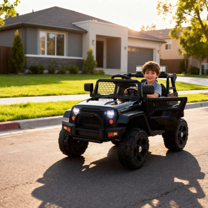 Kids Ride on Truck, 12V Electric Vehicle Jeep Car with Remote Control, Toddlers Battery Powered Toy with 2 Speeds, Spring Suspension, Double Open Doors, LED Lights, Music, USB, Mp3 (Black)