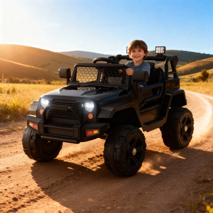 Kids Ride on Truck, 12V Electric Vehicle Jeep Car with Remote Control, Toddlers Battery Powered Toy with 2 Speeds, Spring Suspension, Double Open Doors, LED Lights, Music, USB, Mp3 (Black)