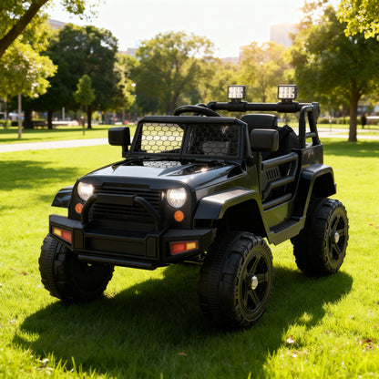 Kids Ride on Truck, 12V Electric Vehicle Jeep Car with Remote Control, Toddlers Battery Powered Toy with 2 Speeds, Spring Suspension, Double Open Doors, LED Lights, Music, USB, Mp3 (Black)