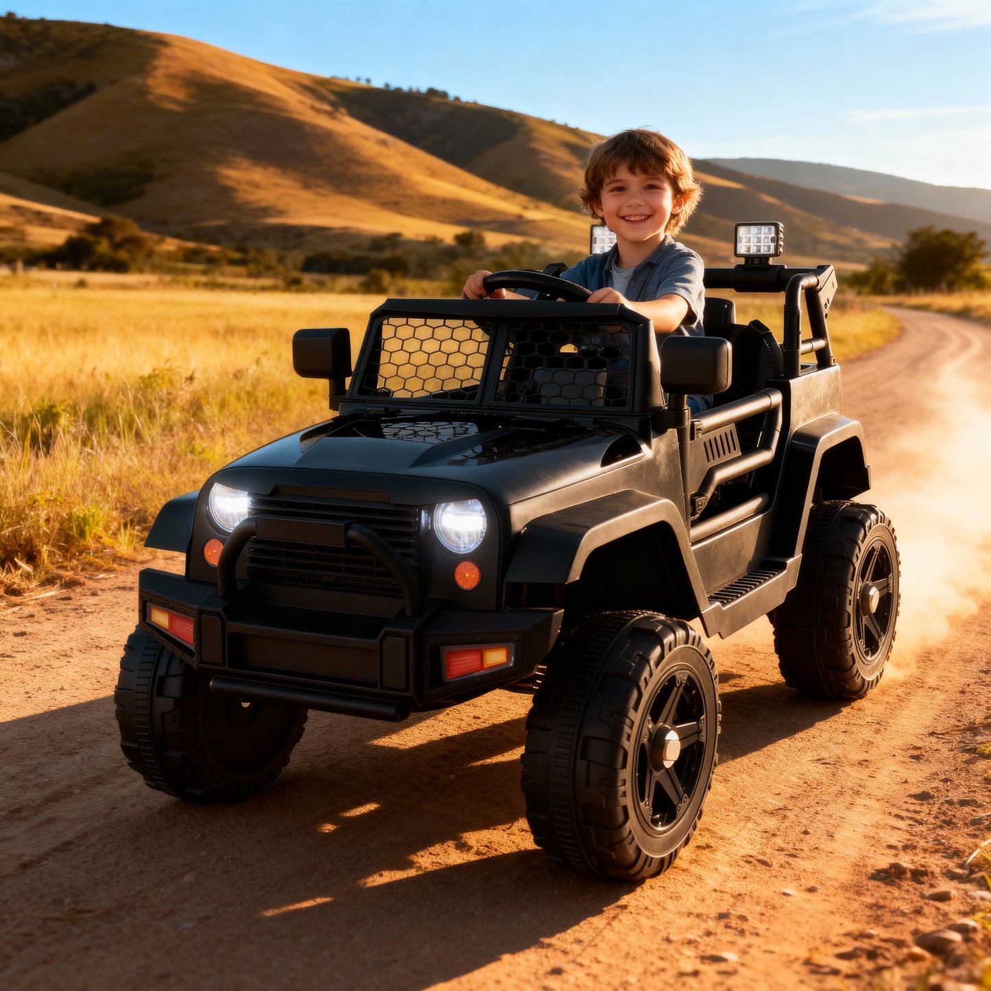 Kids Ride on Truck, 12V Electric Vehicle Jeep Car with Remote Control, Toddlers Battery Powered Toy with 2 Speeds, Spring Suspension, Double Open Doors, LED Lights, Music, USB, Mp3 (Black)